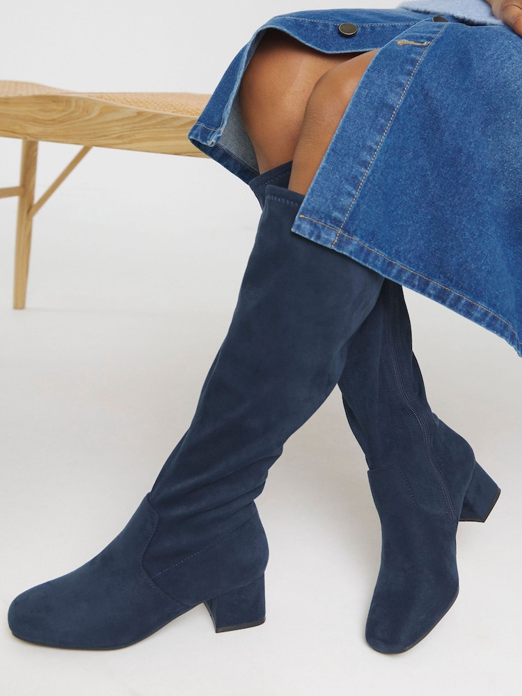 JD Williams Blue Extra Wide Fit Low Block Heel Knee High Sock Boots In Curvy Calf - Image 1 of 4 JD Williams Blue Extra Wide Fit Low Block Heel Knee High Sock Boots In Curvy Calf - Image 1 of 4