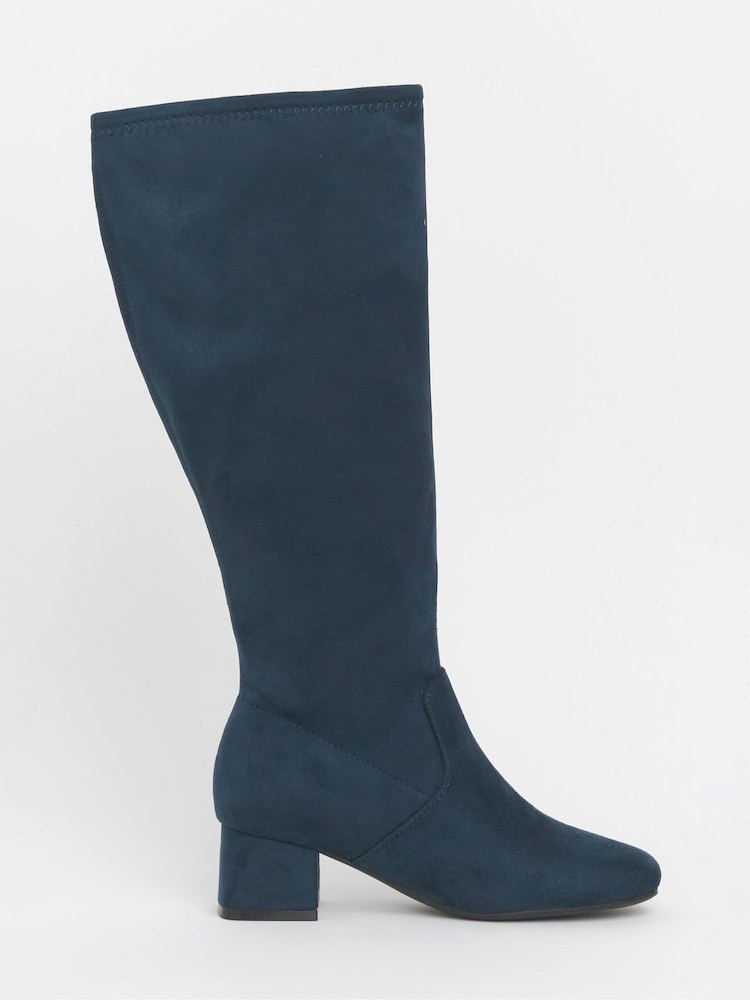 JD Williams Blue Extra Wide Fit Low Block Heel Knee High Sock Boots In Curvy Calf - Image 2 of 4 JD Williams Blue Extra Wide Fit Low Block Heel Knee High Sock Boots In Curvy Calf - Image 2 of 4