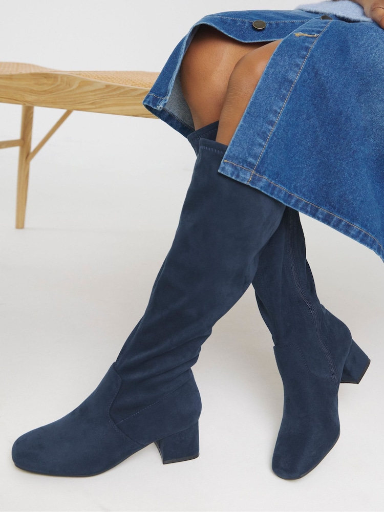 JD Williams Blue Standard Fit Low Block Heel Knee High Sock Boots In Standard Calf - Image 1 of 4 JD Williams Blue Standard Fit Low Block Heel Knee High Sock Boots In Standard Calf - Image 1 of 4