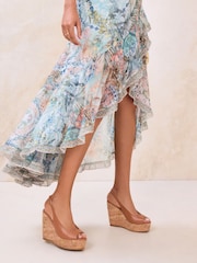 Lipsy Tan Brown Standard Fit Gold Peep Toe Heeled Metallic Cork Wedge Sandals - Image 3 of 5