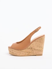 Lipsy Tan Brown Standard Fit Gold Peep Toe Heeled Metallic Cork Wedge Sandals - Image 5 of 5