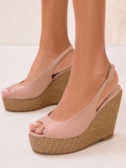 Lipsy Nude Standard Fit Gold Peep Toe Heeled Metallic Cork Wedge Sandals - Image 1 of 5