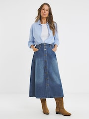 JD Williams Blue Mid Wash Elasticated Waist Button Through Denim Midi Skirt - Image 1 of 4