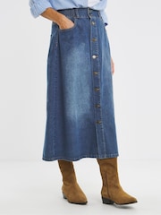 JD Williams Blue Mid Wash Elasticated Waist Button Through Denim Midi Skirt - Image 3 of 4