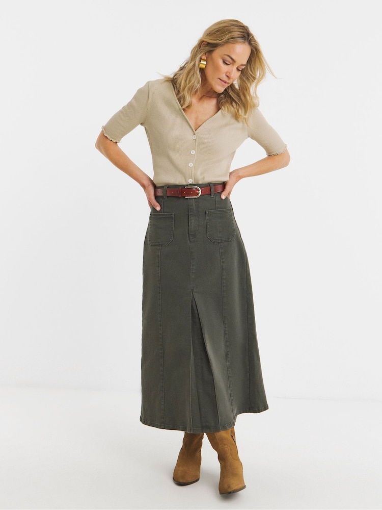 JD Williams Green Pocket Front Denim A-Line Midi Skirt - Image 1 of 4 JD Williams Green Pocket Front Denim A-Line Midi Skirt - Image 1 of 4