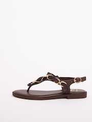 Lipsy Chocolate Brown Mongogram Toe Post Scarf Print and Chain Detail Summer Flat Sandals - Image 5 of 5