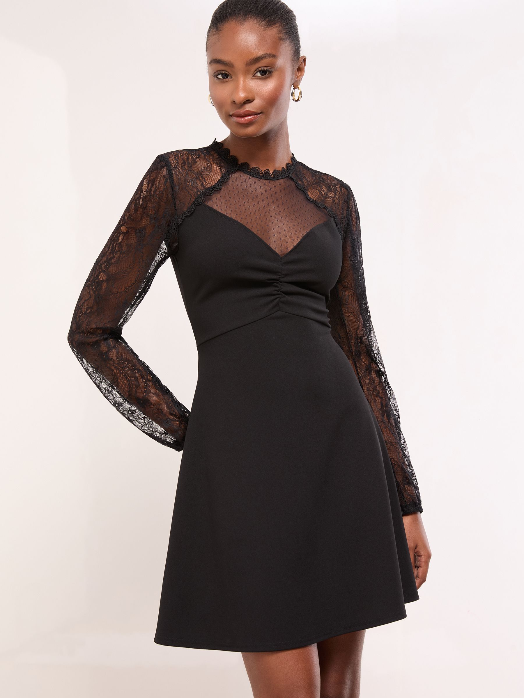 Buy Lipsy Black Lace Mesh High Neck Ruched Mini Dress from the