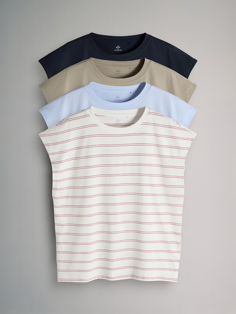 The Set 4 Pack Grown On Sleeve T-Shirt Navy/Light Blue/Stone Brown/Stripe - Image 1 of 6