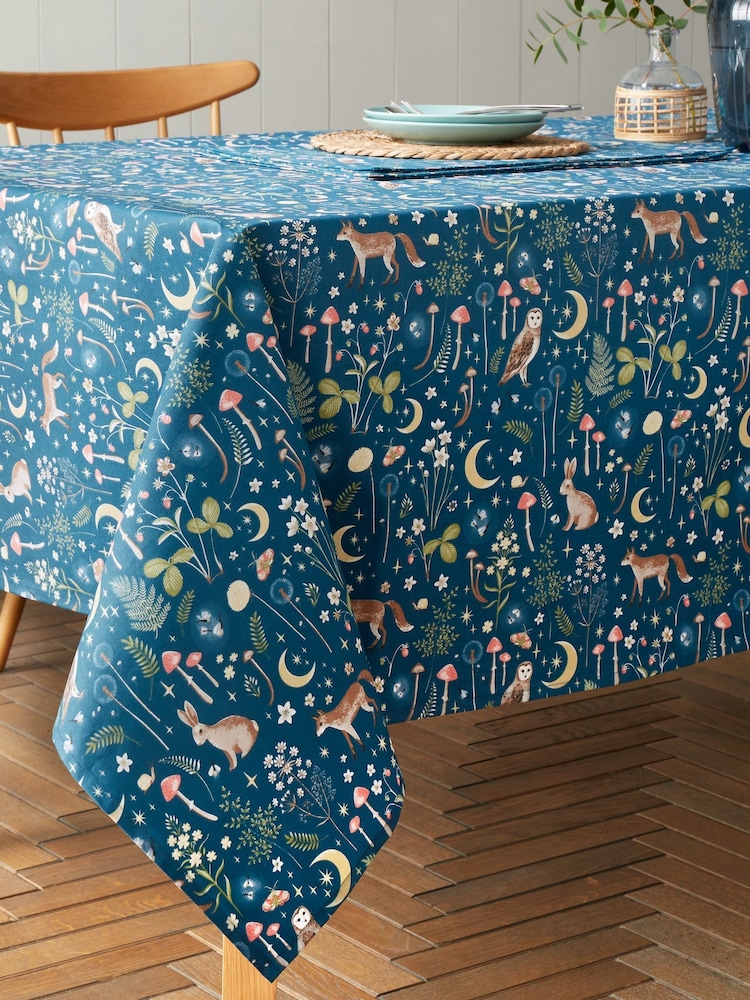 Catherine Lansfield Navy Blue Enchanted Twilight Animals Cotton Table Cloth - Image 2 of 2 Catherine Lansfield Navy Blue Enchanted Twilight Animals Cotton Table Cloth - Image 2 of 2