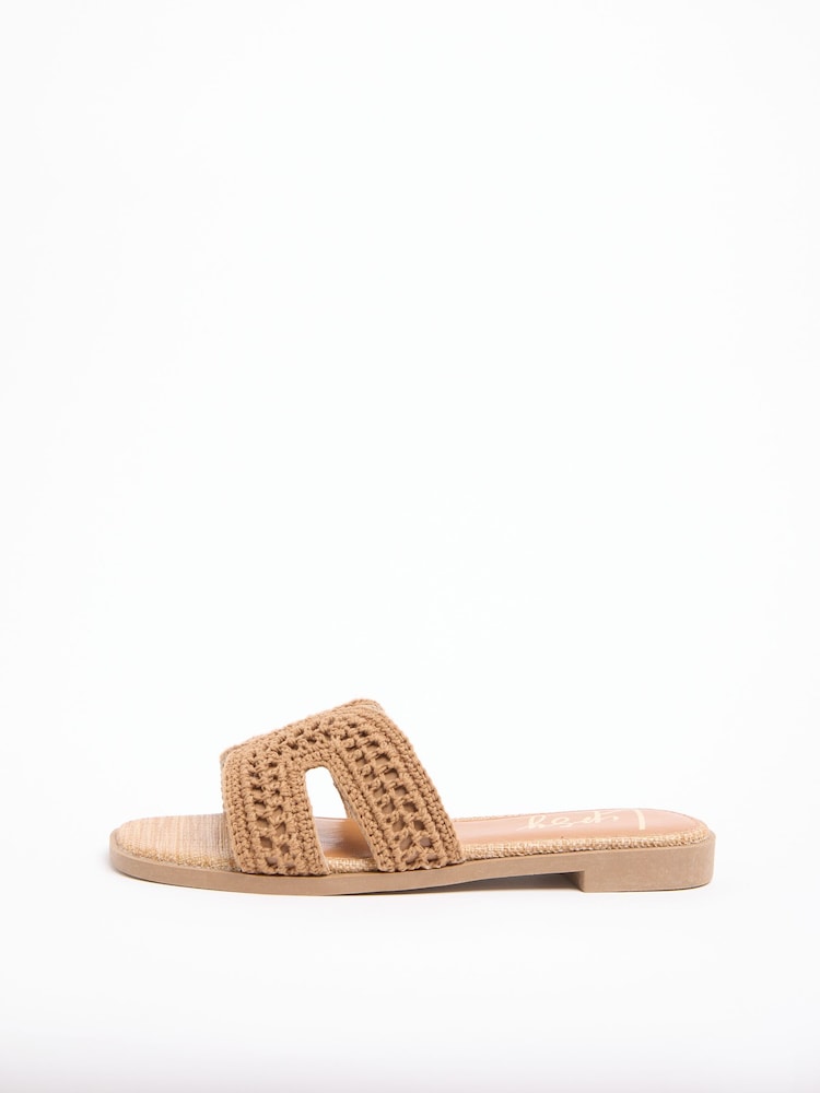 Hellbraun - Lipsy gestrickte, gehäkelte Slipper Slip-On flache Sandalen - Bild 5 von 5