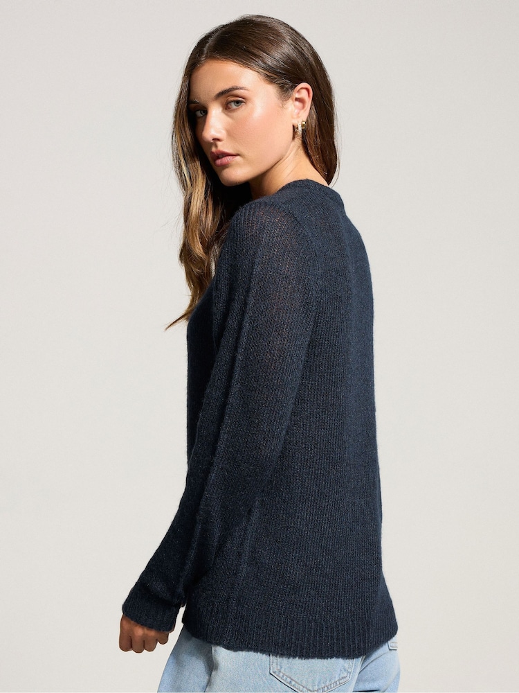 Long Tall Sally Blue Wool Blend Crew Neck Cardigan - Image 2 of 5 Long Tall Sally Blue Wool Blend Crew Neck Cardigan - Image 2 of 5