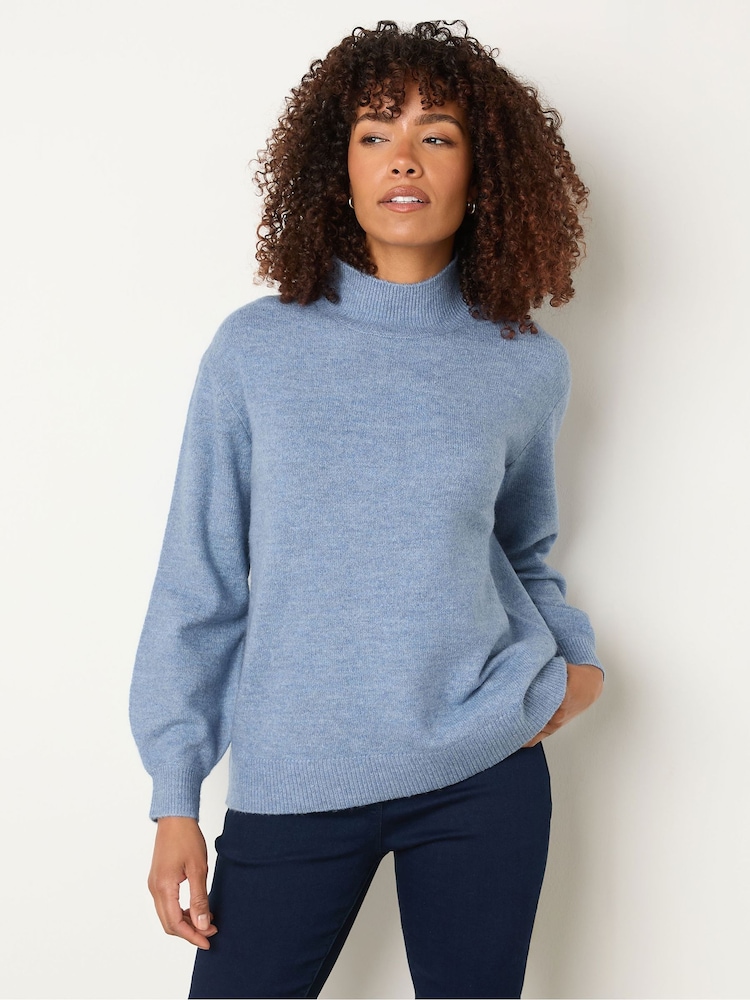 M&Co Blue Funnel Neck Balloon Sleeve Jumper - Image 1 of 5 M&Co Blue Funnel Neck Balloon Sleeve Jumper - Image 1 of 5
