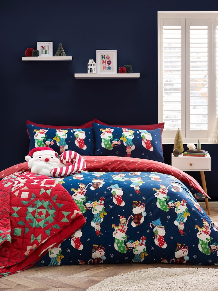 Catherine Lansfield Navy Christmas Elves Cotton Rich Duvet Cover Set - Image 2 of 6