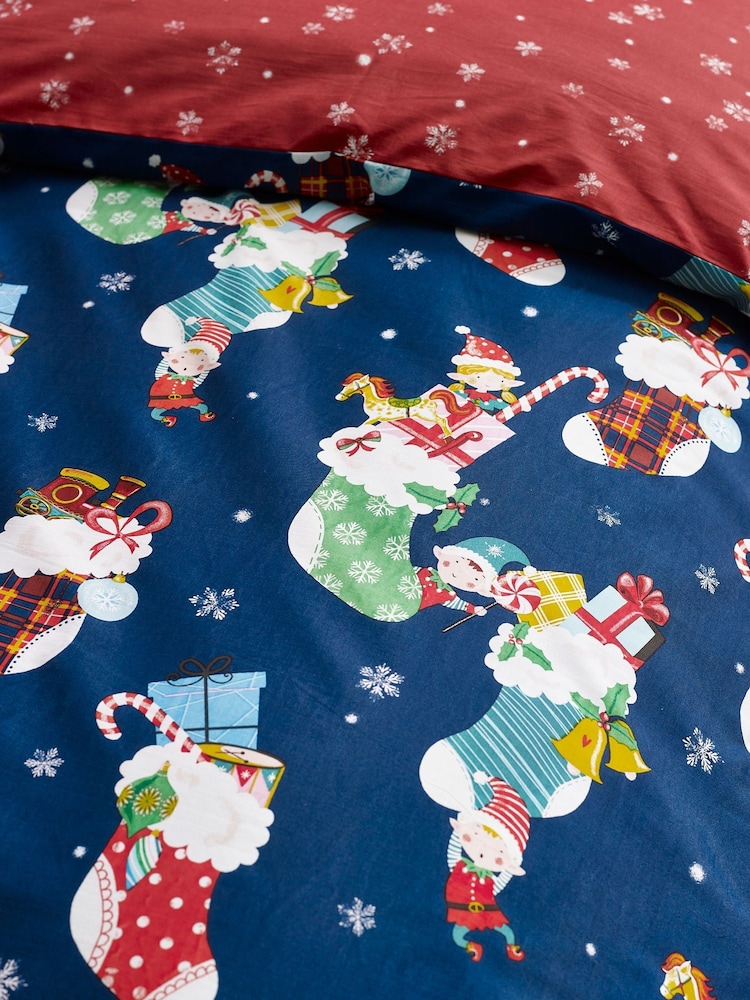 Catherine Lansfield Navy Christmas Elves Cotton Rich Duvet Cover Set - Image 6 of 6