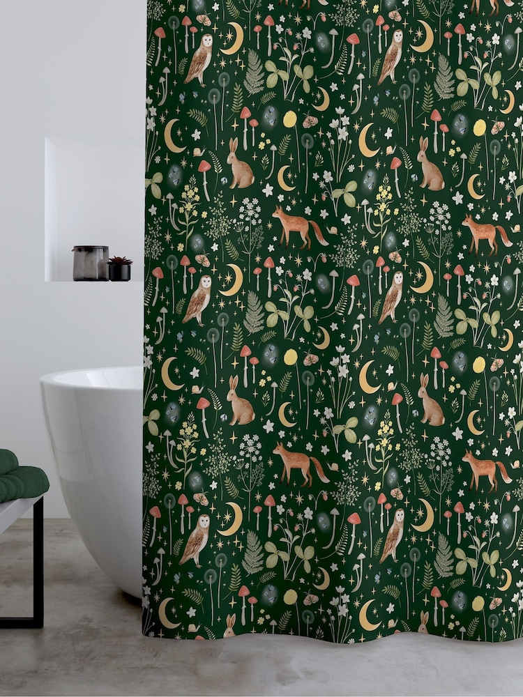 Catherine Lansfield Forest Green Enchanted Twilight Animal Shower Curtain - Image 1 of 2 Catherine Lansfield Forest Green Enchanted Twilight Animal Shower Curtain - Image 1 of 2