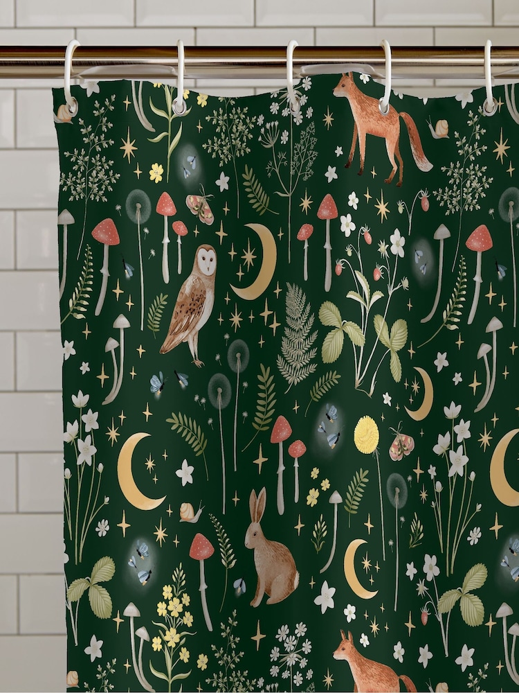 Catherine Lansfield Forest Green Enchanted Twilight Animal Shower Curtain - Image 2 of 2 Catherine Lansfield Forest Green Enchanted Twilight Animal Shower Curtain - Image 2 of 2