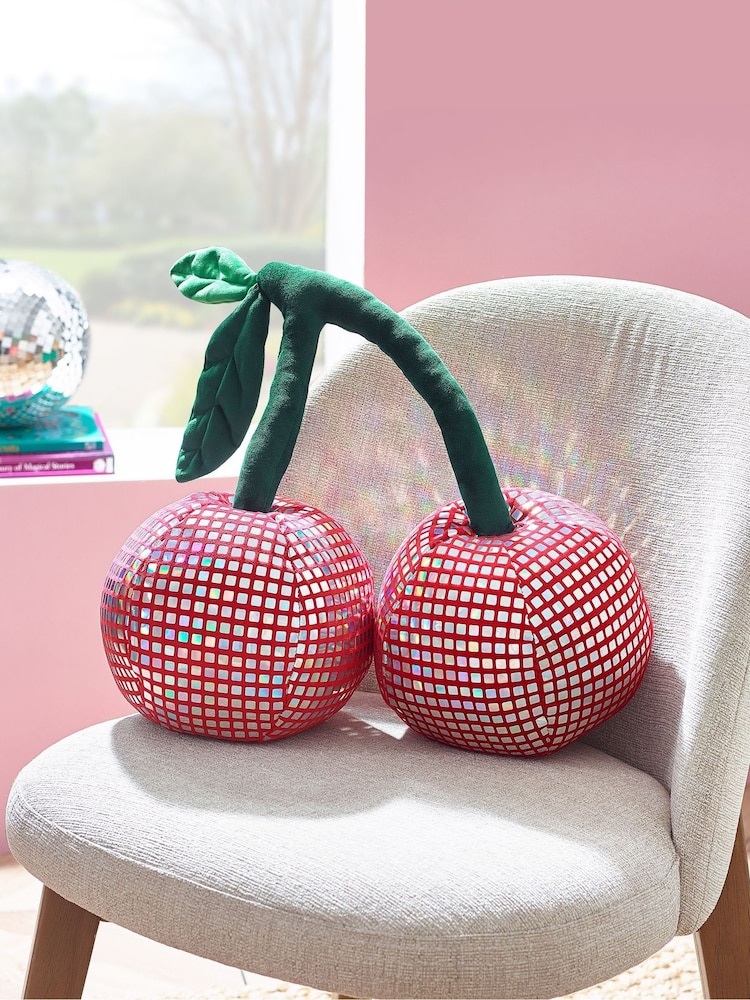 Catherine Lansfield Pink Disco Cherries 3D Shaped Cushion - Image 1 of 2 Catherine Lansfield Pink Disco Cherries 3D Shaped Cushion - Image 1 of 2