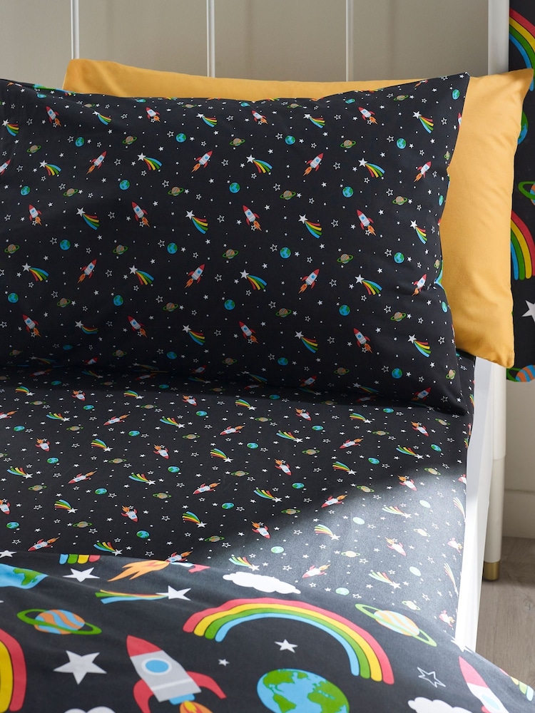 Catherine Lansfield Black Rainbow Rockets Fitted Sheet - Image 1 of 2 Catherine Lansfield Black Rainbow Rockets Fitted Sheet - Image 1 of 2