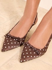 Friends Like These Chocolate Brown Polka Dot Bow Pointed Toe Slingback Kitten Heel Court Shoes - Image 2 of 5