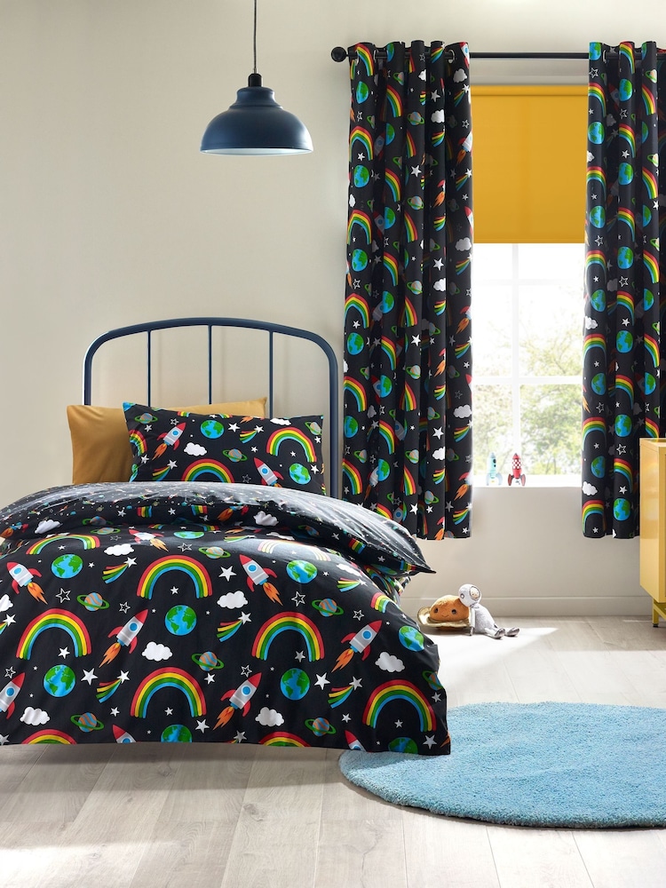 Catherine Lansfield Black Rainbow Rockets Reversible Duvet Cover Set - Image 1 of 4