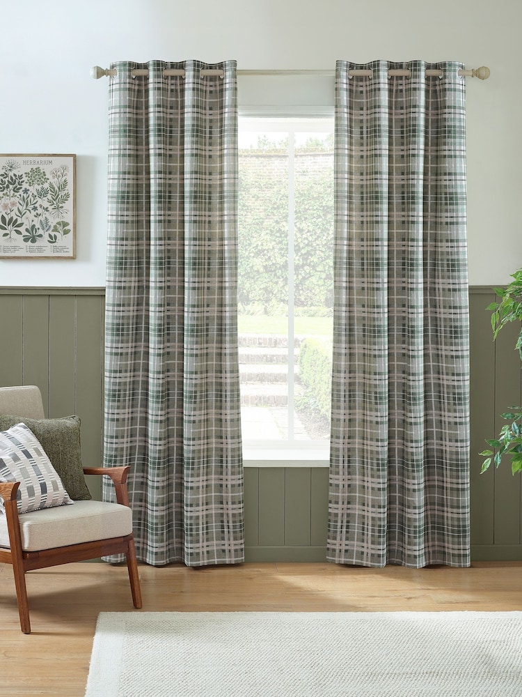 Catherine Lansfield Green Cullen Thermal Check Brushed Eyelet Curtains - Image 2 of 4