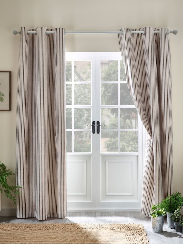 Catherine Lansfield Natural Logan Stripe Lined Eyelet Curtains - Image 2 of 4