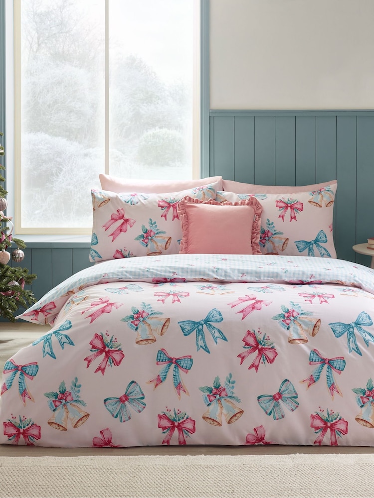 Catherine Lansfield Pink Christmas Bows And Bells Duvet Cover Set - Image 1 of 5