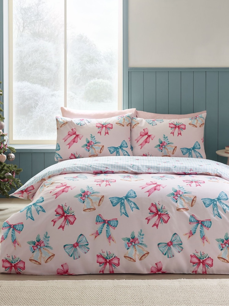 Catherine Lansfield Pink Christmas Bows And Bells Duvet Cover Set - Image 2 of 5