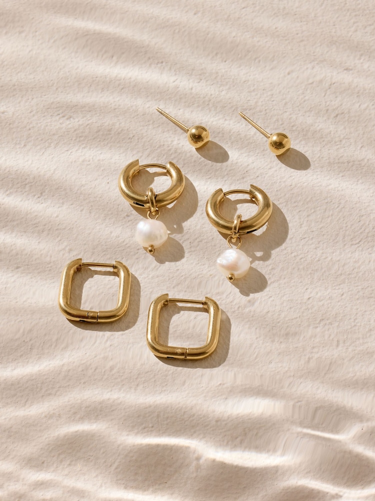 Gold Tone Waterproof Pearl Earrings 3 Pack - Image 1 of 3