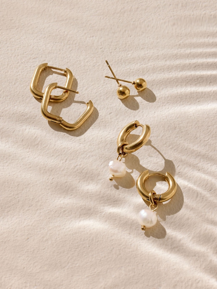 Gold Tone Waterproof Pearl Earrings 3 Pack - Image 2 of 3
