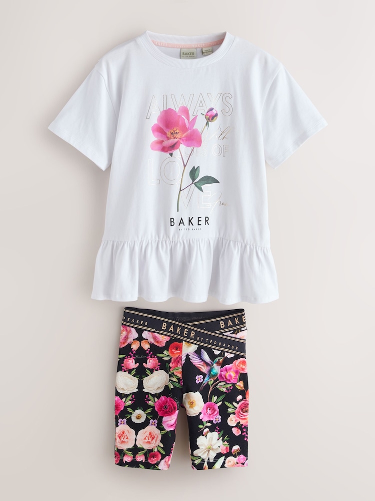Baker by Ted Baker 2 Piece Peplum Frill T-Shirt & Floral Cycling Short Set - Image 1 of 6