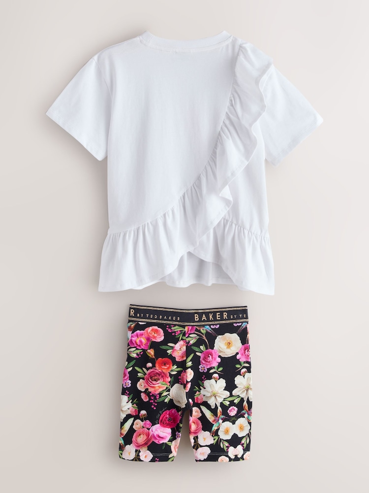 Baker by Ted Baker 2 Piece Peplum Frill T-Shirt & Floral Cycling Short Set - Image 2 of 6