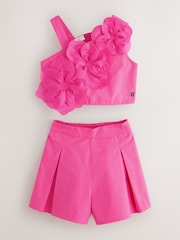 Baker by Ted Baker 2 Piece One Shoulder 3D Floral Pink Top & Shorts Set - Image 7 of 14