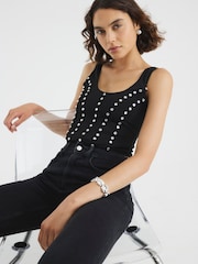 River Island Black Scoop Neck Studded Bodysuit - Image 1 of 4