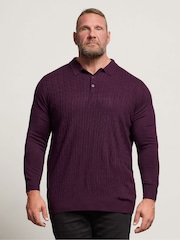 BadRhino Big & Tall Purple Long Sleeve Cable Knitted Polo Shirt - Image 1 of 6