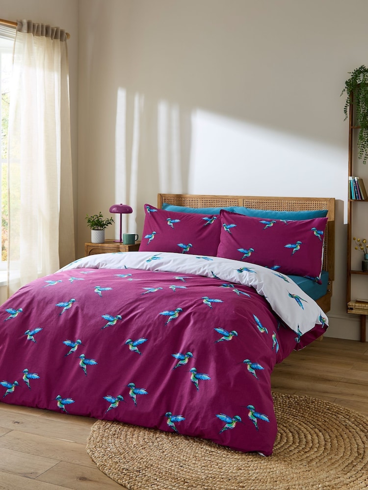 Their Nibs Plum Hummingbird Cotton Reversible Duvet Cover Set - Image 1 of 5 Their Nibs Plum Hummingbird Cotton Reversible Duvet Cover Set - Image 1 of 5