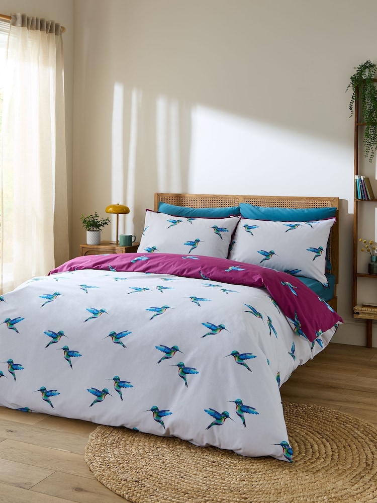 Their Nibs Plum Hummingbird Cotton Reversible Duvet Cover Set - Image 2 of 5 Their Nibs Plum Hummingbird Cotton Reversible Duvet Cover Set - Image 2 of 5