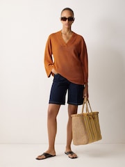 Jigsaw Orange Linen V-Neck Slouchy Jumper - Image 3 of 5