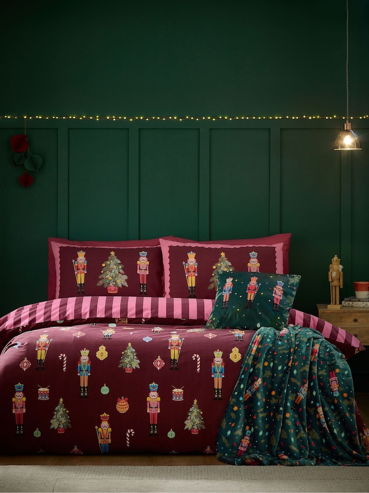 Catherine Lansfield Plum Christmas Nutcracker Stripe Duvet Cover Set - Image 1 of 5