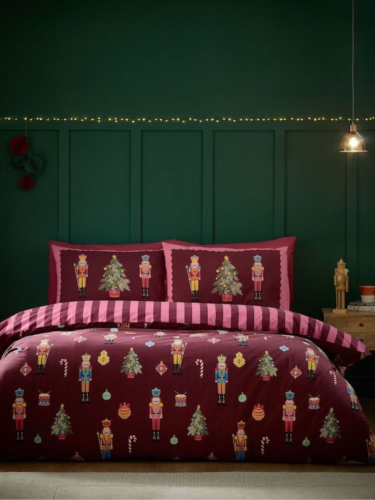Catherine Lansfield Plum Christmas Nutcracker Stripe Duvet Cover Set - Image 2 of 5