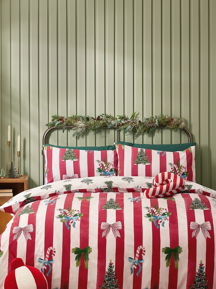 Catherine Lansfield Red Christmas Stripe Reversible Duvet Cover Set - Image 1 of 5