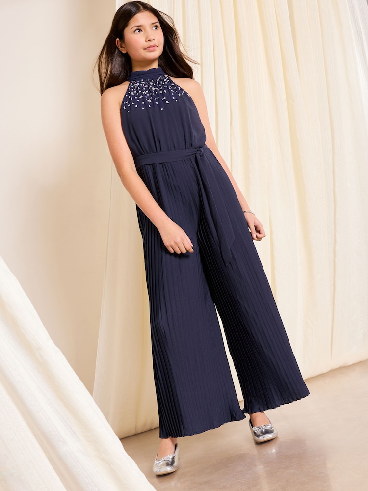 Lipsy Navy Blue Halter Embellished Occasion Jumpsuit (7-16yrs) - Image 1 of 5 Lipsy Navy Blue Halter Embellished Occasion Jumpsuit (7-16yrs) - Image 1 of 5