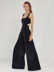 Reiss Dark Blue Dionna Wide-Leg Cut-Out Denim Jumpsuit - Image 1 of 7