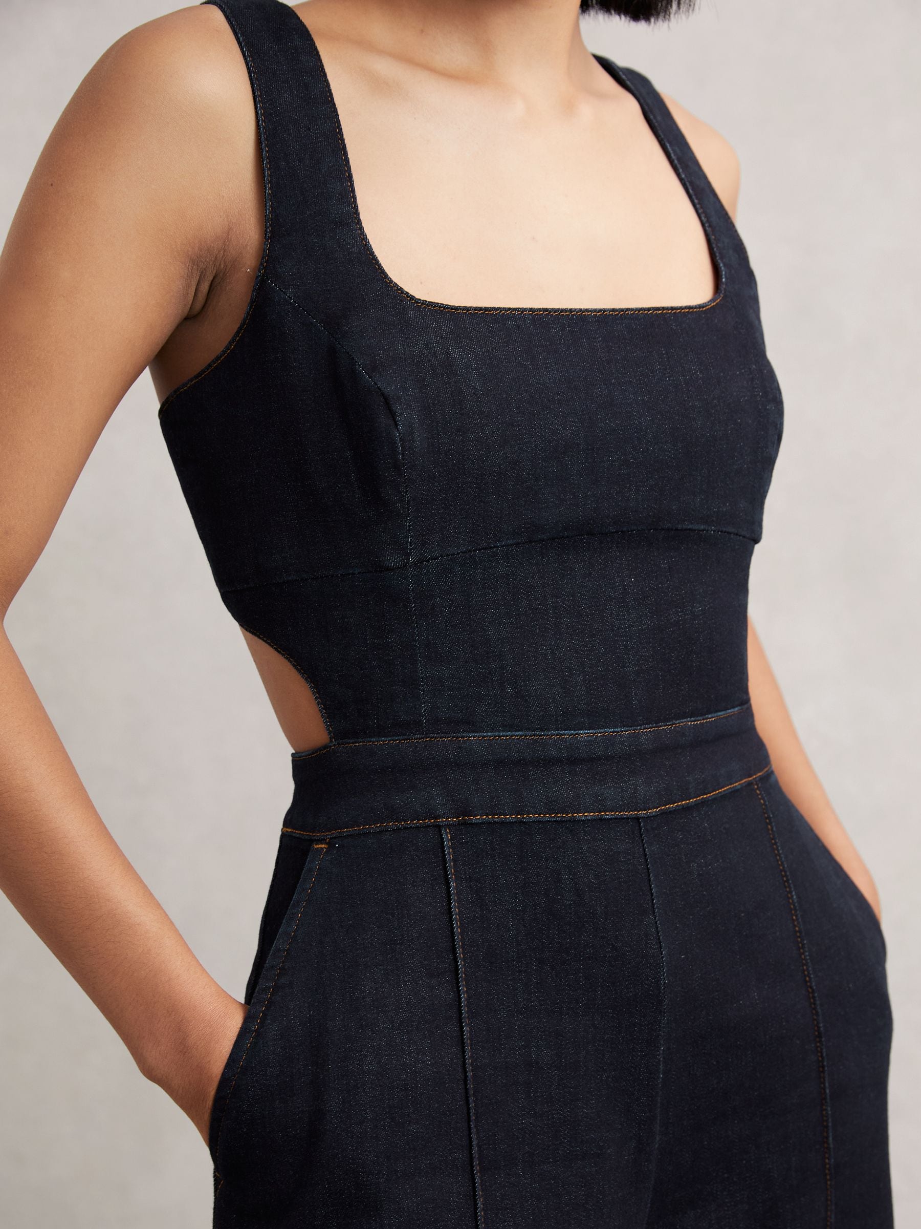 Buy Reiss Dark Blue Dionna Wide-Leg Cut-Out Denim Jumpsuit from
