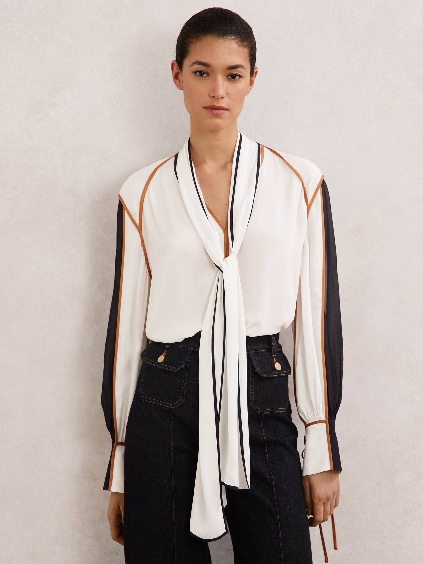 Buy Reiss Ivory Lulu Tipped Tie-Neck Blouse from Next USA