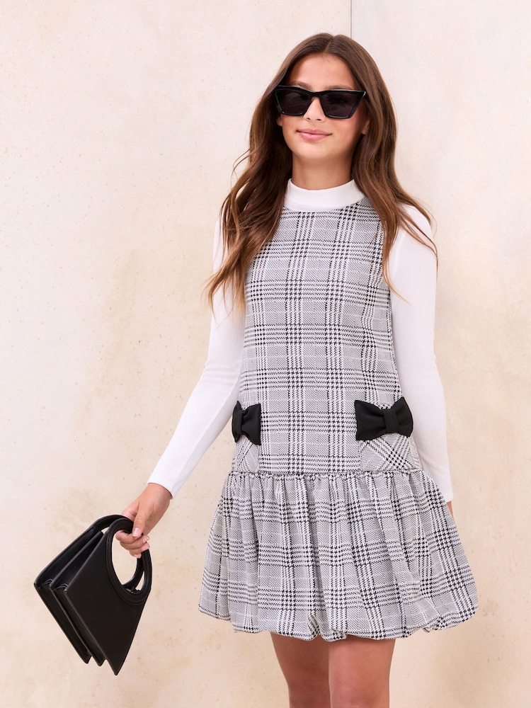Lipsy White/Black Check Pinafore Puff Hem Dress And T-Shirt Set (5-16yrs) - Image 1 of 4
