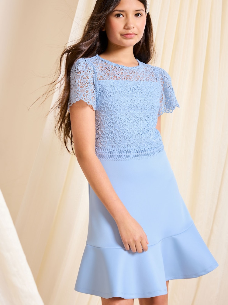 Lipsy Cornflower Blue Lace 2-in-1 Occasion Dress (5-16yrs) - Image 1 of 4