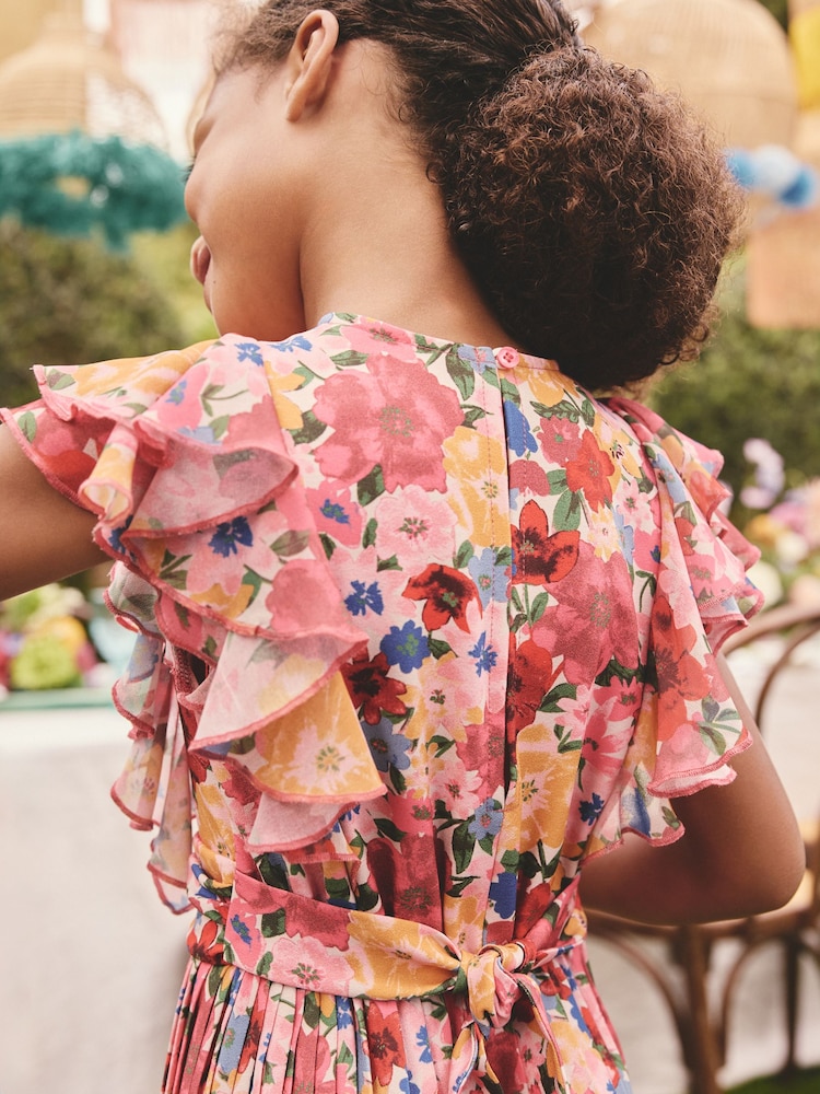 Pink Floral Short Sleeve Pleated Ruffle Jumpsuit (3-16yrs) - Image 3 of 3 Pink Floral Short Sleeve Pleated Ruffle Jumpsuit (3-16yrs) - Image 3 of 3