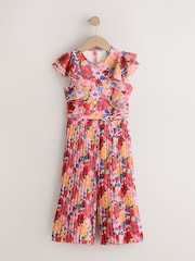 Pink Floral Short Sleeve Pleated Ruffle Jumpsuit (3-16yrs) - Image 4 of 7