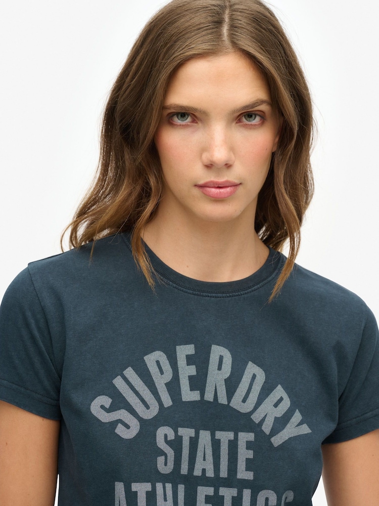 Superdry Navy Blue Essential Logo Embroidered T-Shirt - Image 1 of 4 Superdry Navy Blue Essential Logo Embroidered T-Shirt - Image 1 of 4